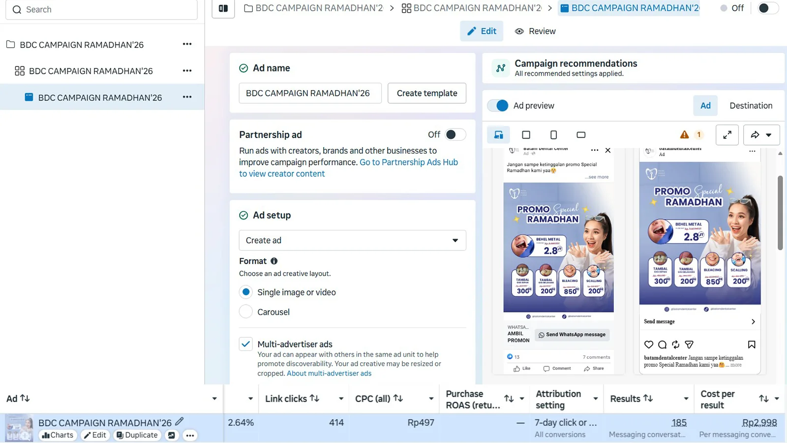 Dashboard Meta Ads Manager kampanye promo Ramadhan Batam Dental Center menampilkan hasil iklan link clicks, CPC, dan konversi WhatsApp